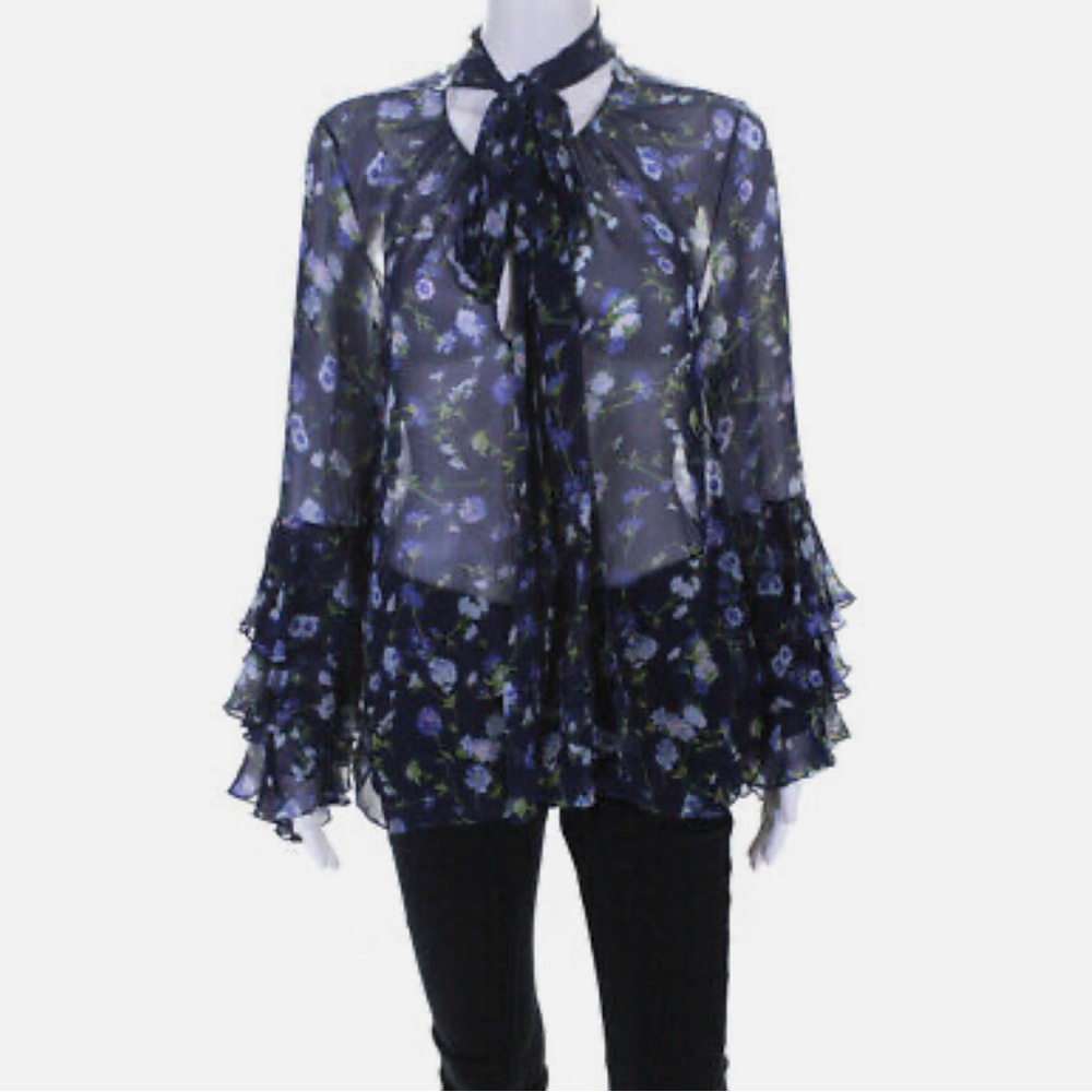 Prabal Gurung Womens Sheer Floral Tie Neck Blouse